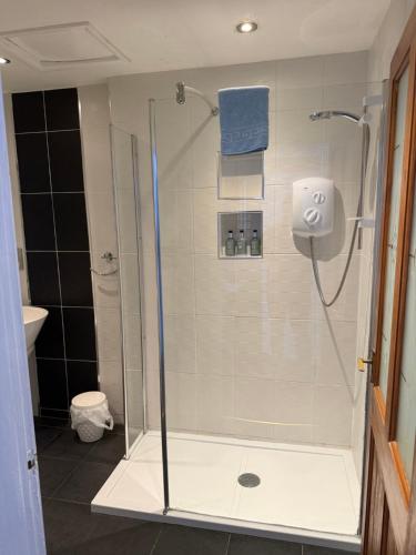 a shower with a glass door in a bathroom at Castle By The Sea Scarborough in Scarborough