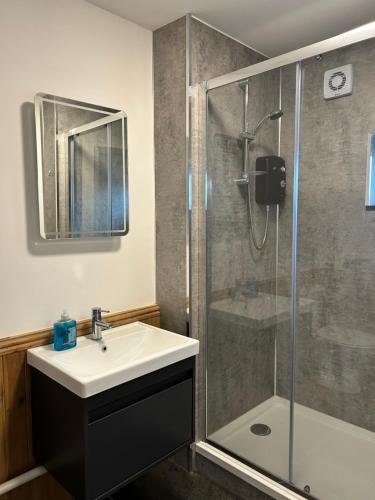 a bathroom with a sink and a shower at Bossiney Lodge Apartment in Tintagel