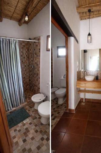 two pictures of a bathroom with two toilets and a shower at El Sueñero Tilcara in Tilcara