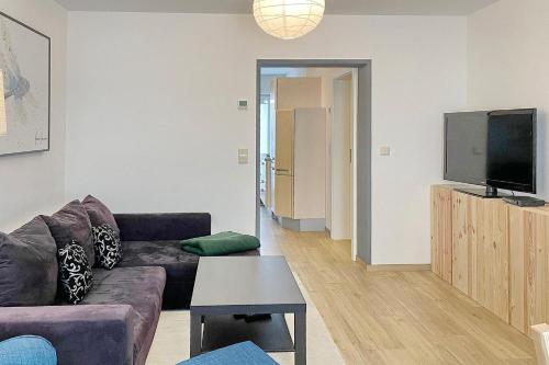 a living room with a couch and a flat screen tv at Libelle in Lübben