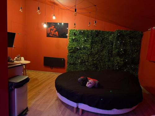 a room with a bed with a teddy bear on it at Love Room- Jacuzzi XXL- Climatisé- Table massage Accessoires in LʼEscarène
