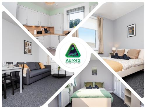 a bedroom and a living room with a bed and a kitchen at Ideal Work Stays 3BR 6 Guests Free Parking in Falkirk