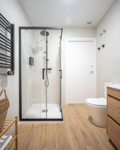 a bathroom with a shower and a toilet at Apartamento Donoso Cortés in Badajoz