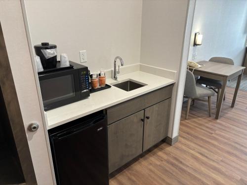 a kitchen with a sink and a microwave at Comfort Suites Hotel and Conference Center in Berlin