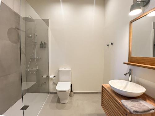 a bathroom with a toilet and a sink and a shower at Salon Suites in Tremp