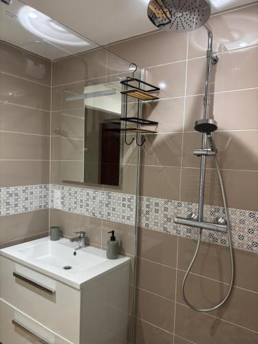 a bathroom with a sink and a shower at gite 4 le refuge in Aubeterre-sur-Dronne