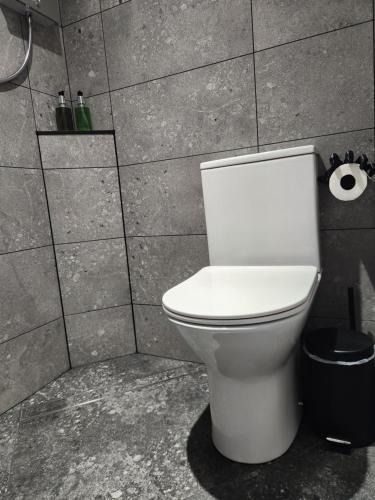 a bathroom with a white toilet in a tiled wall at Herdwick Guest House in Keswick