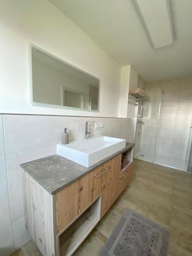 a bathroom with a white sink and a mirror at Auszeit am Mondseeberg in Tiefgraben