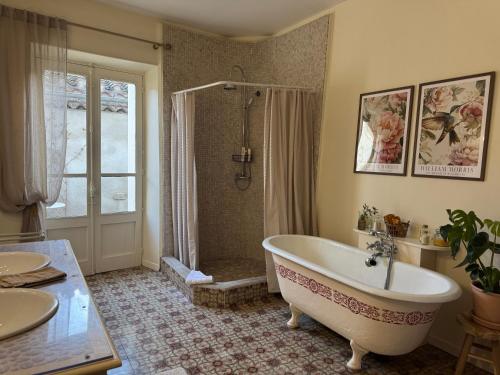 a bathroom with a bath tub and a shower at Le Patio Des Senteurs in Verzeille