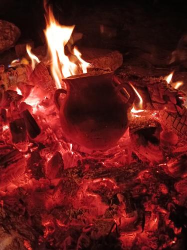 a fire pit with a pot in it at Ruka cabaña - Alojamiento Tradicional Mapuche in Temuco