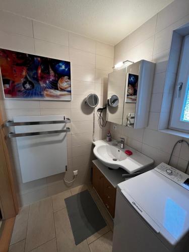 a small bathroom with a sink and a mirror at Ferienwohnung Schöne Aussicht in Todtmoos