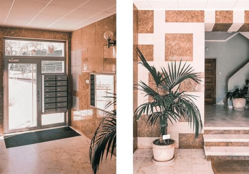 two pictures of a room with a potted plant at Quinta das Conchas Apartment by Trip2Portugal in Lisbon