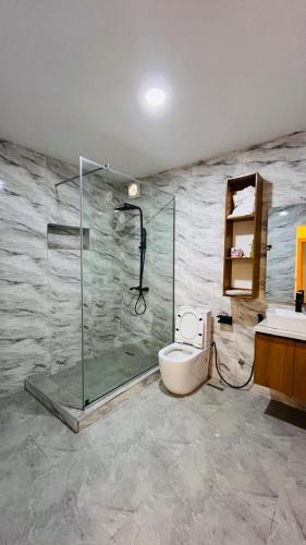a bathroom with a shower and a toilet and a sink at Feliza Hotel and Suites in Abeokuta