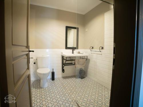 a bathroom with a toilet and a sink and a mirror at Casa Kresován in Sarmizegetusa