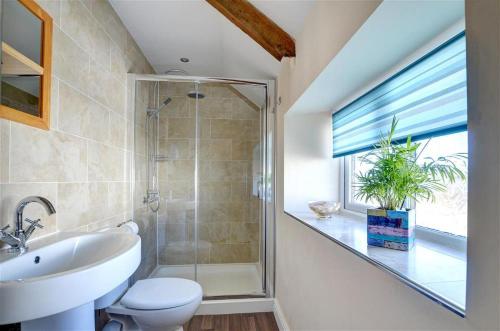 a bathroom with a shower and a toilet and a sink at 3 Bed in Southerndown oc-way216 in Southerndown