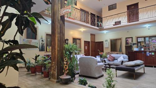 a living room filled with furniture and plants at Hotel Vilcabamba Eterna Juventud in Vilcabamba
