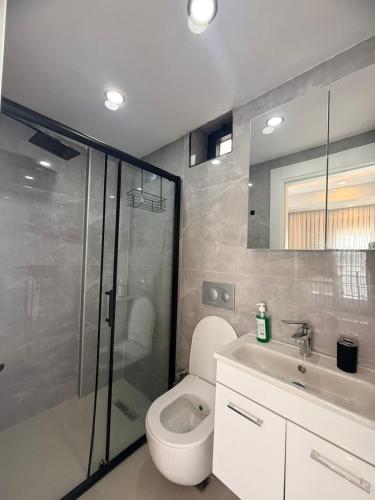a bathroom with a toilet and a sink and a shower at Ephesus in Belek