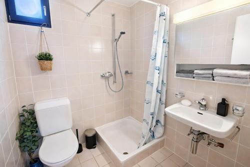 a bathroom with a toilet and a sink and a shower at Bright studio Martigny - 30 min from Verbier - free parking in Martigny-Ville