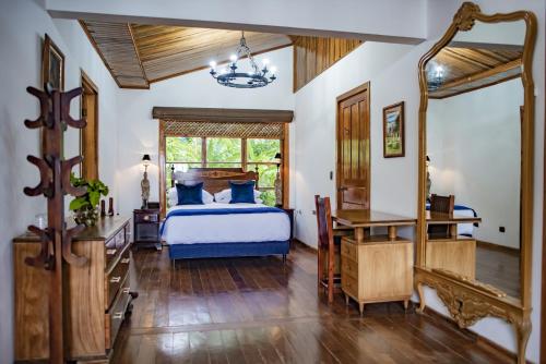 a bedroom with a bed and a desk and a mirror at Hotel Don Ernesto By La Chimba in San José