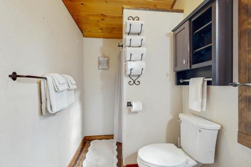 ein Badezimmer mit Toilette und Handtüchern an der Wand in der Unterkunft Moose Chalet in Bigfork