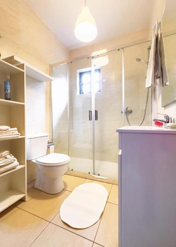 a bathroom with a toilet and a glass shower at Barbeito Country House in Paraíso