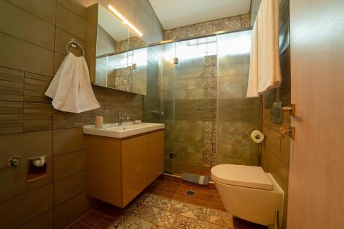 a bathroom with a sink and a toilet and a shower at Modern house! in Iráklia