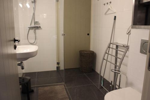 ein kleines Badezimmer mit Waschbecken und Dusche in der Unterkunft De Jagersloft in Wedde