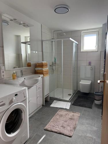 a bathroom with a sink and a washing machine at Adiferienwohnung1 in Gerolstein