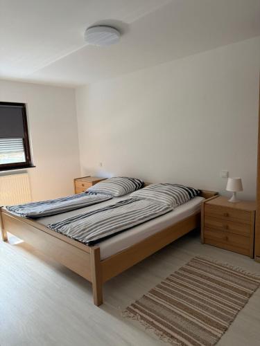 a bedroom with a bed and a television and a rug at Adiferienwohnung1 in Gerolstein