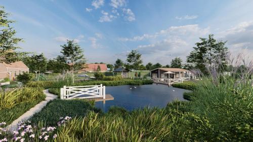 a rendering of a pond with a bridge in a garden at Minicamping Ons Weitje in Koudekerke