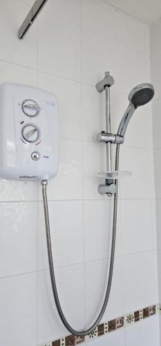 a shower with a shower head in a bathroom at Seafields Chalet in Walcott