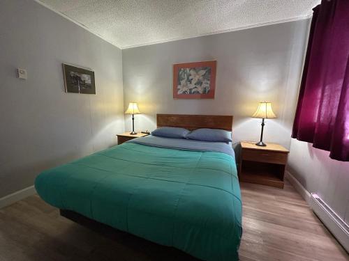 una camera da letto con un letto verde con due lampade sui tavoli di Mountain View Motel a Barrys Bay