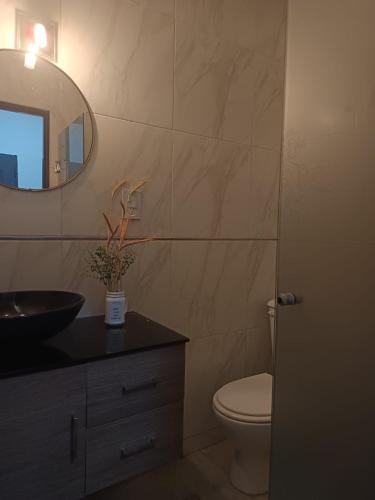 a bathroom with a toilet and a sink and a mirror at Monoambiente Dos Lunas in Resistencia