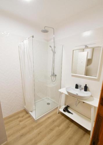 a white bathroom with a shower and a sink at Beach House Quiaios in Figueira da Foz