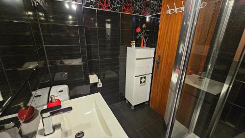 a small bathroom with a sink and a shower at Varanda da Gardunha - Alojamento Local in Fundão