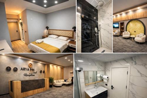 a hotel room with a bed and a bathroom at Arya inn suit in Serik