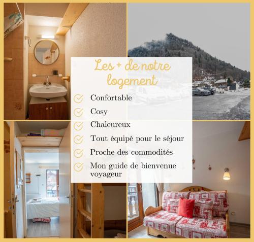 a collage of pictures of a room with a bed and a sign at Chez Candide I Studio I Montriond in Montriond