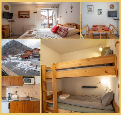 a collage of pictures of a room with a bunk bed at Chez Candide I Studio I Montriond in Montriond