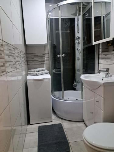 a bathroom with a shower and a toilet and a sink at JULIA Apartament- Oświęcim in Oświęcim