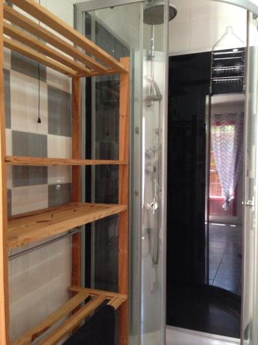 a bathroom with a shower and a wooden shelf at Studio sur agde, avec cour, parking et spa en option à 30e par jour in Agde
