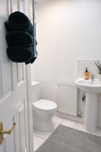 a bathroom with a white toilet and a sink at The Wavers Ideal for airport links NEC JLR in Marston Green