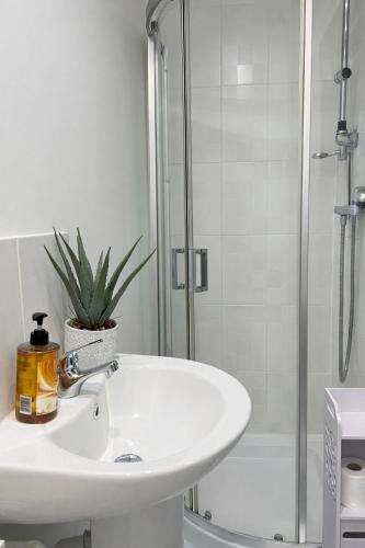 a white bathroom with a sink and a shower at The Wavers Ideal for airport links NEC JLR in Marston Green