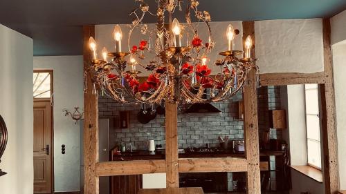a chandelier with red roses in a kitchen at Der Pfeil - Gutshaus Bückling in Rambin