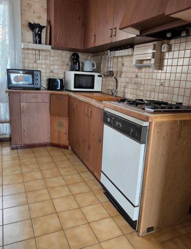 a kitchen with a white stove and a microwave at Maison Atypique 5 chambres in Le Mans