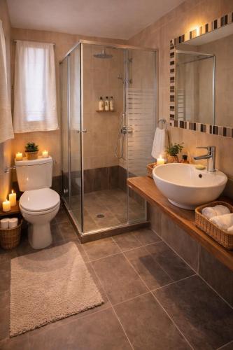 a bathroom with a shower and a sink and a toilet at villa Belian 3 in Argalasti