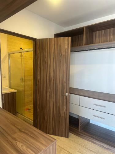 a bathroom with a wooden door and a closet at Departamento en Yatay Towers in Hércules