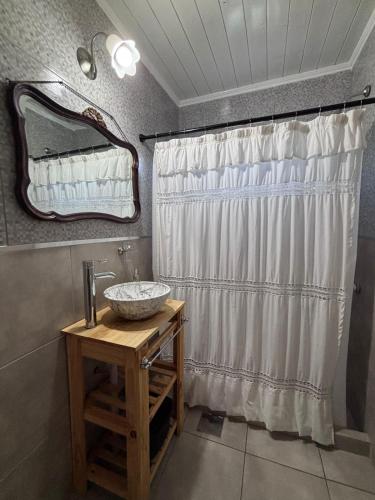 a bathroom with a sink and a shower curtain at Carpe diem CyC in Chascomús