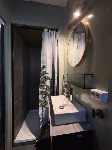 a bathroom with a sink and a shower at Baumhausfeeling im Wald nahe der Loreley in Bogel