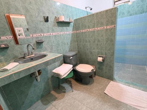 a bathroom with a toilet and a sink and a shower at GalHaus in Bacalar