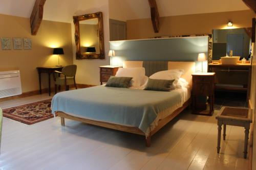 a bedroom with a large bed and a mirror at Ferme-Château de Cordey & Spa in Cordey